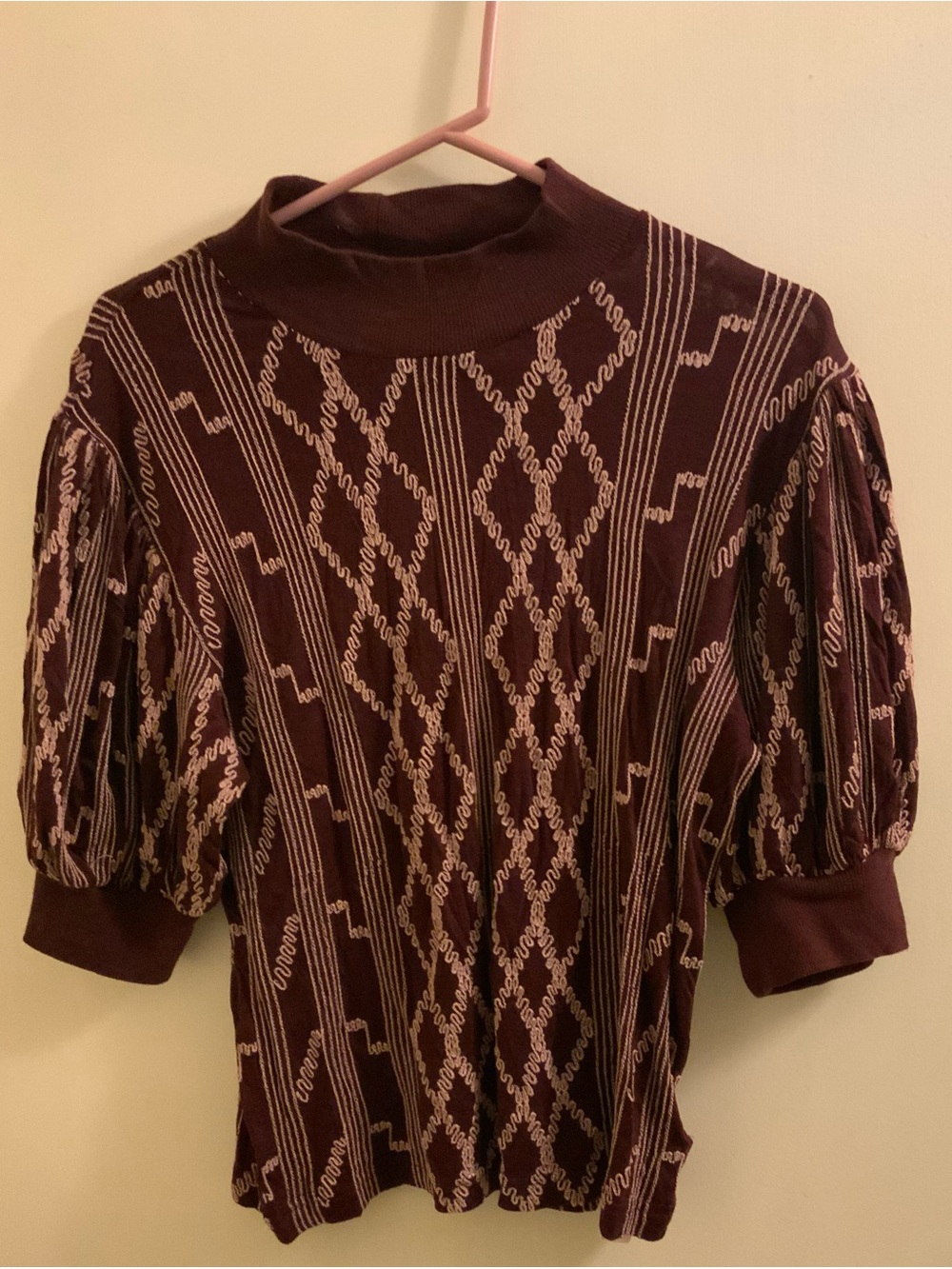 Free People Burgundy Knit Puff-Sleeve Top with Pink Embroidered Pattern